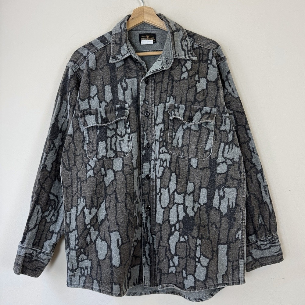 Vintage 90's Deerskin Tree Bark Camo Hunting Button Down Grey Brown Shirt Large